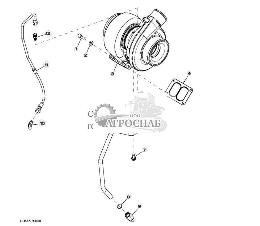 6520 Turbocharger and Oil Lines 